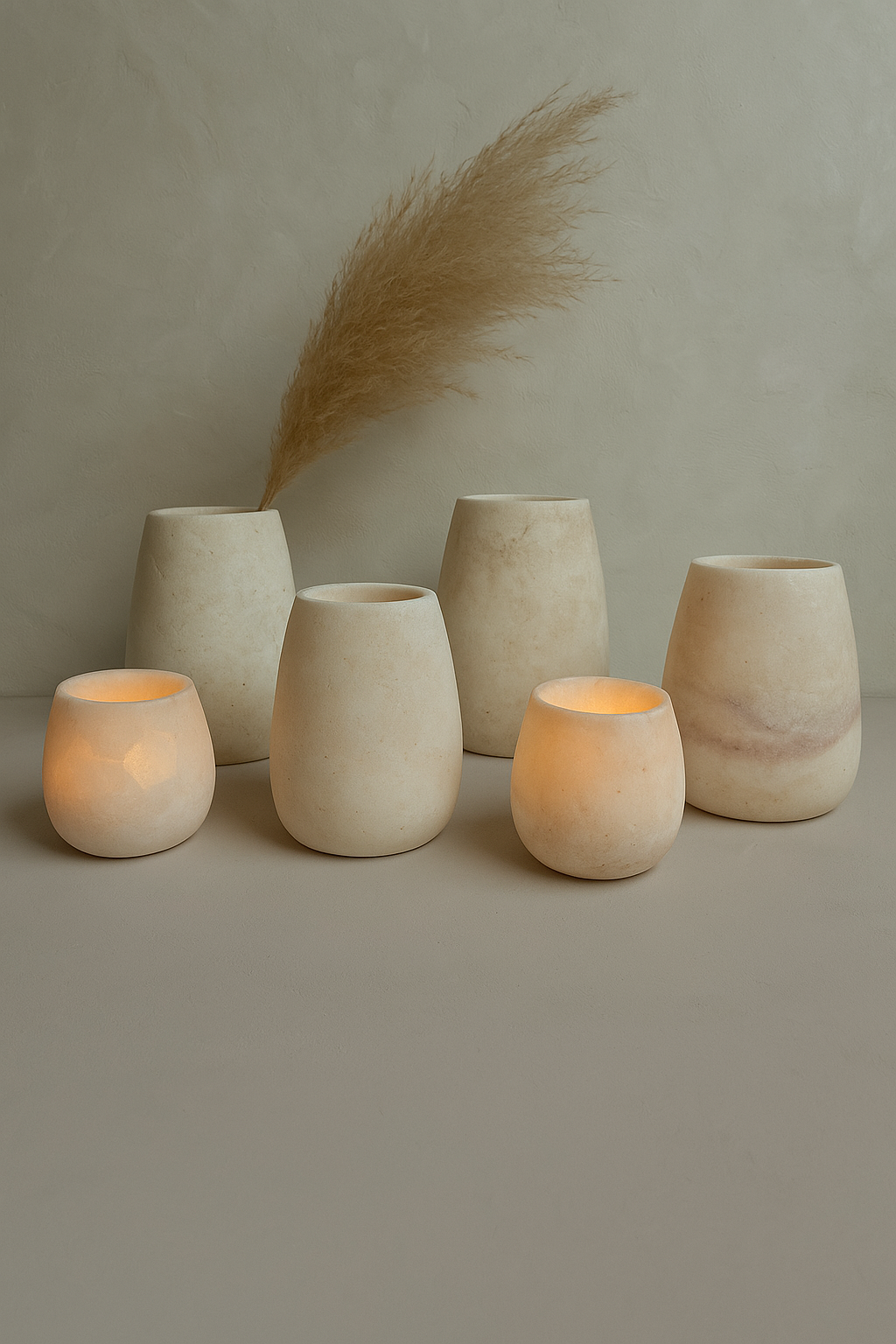 Handgefertigter Alabaster/Marmor-Kerzenhalter/Laterne Adus Form weiß